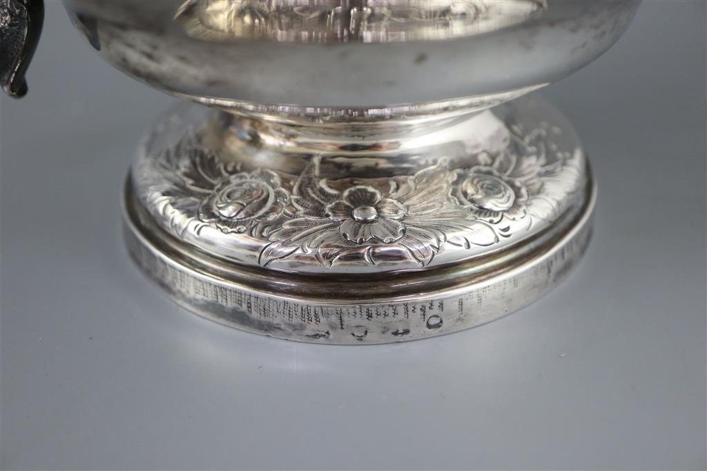 A George IV? silver pedestal teapot with thistle finial, marks rubbed,